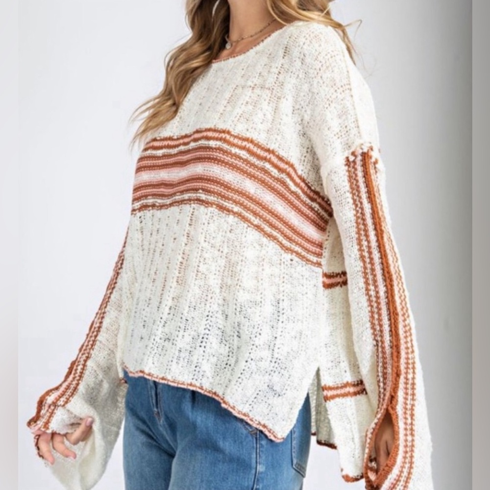EASEL Cream Burgundy Stripe Lightweight Relaxed Fit Knit Sweater - Picture 4 of 8